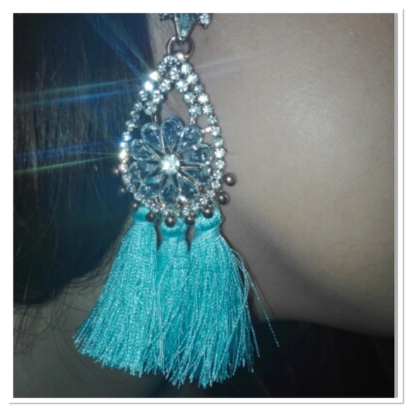Rhinestone & Turquoise Tassel Earrings - Picture 2 of 3